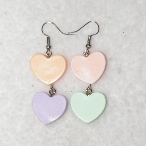 💘NEW💘Valentine Double Conversation Hearts Earrings Silver Dangle - Picture 6 of 6